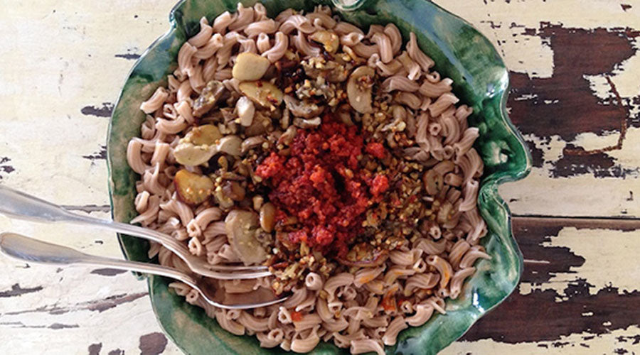 Pasta con setas y sobrasada