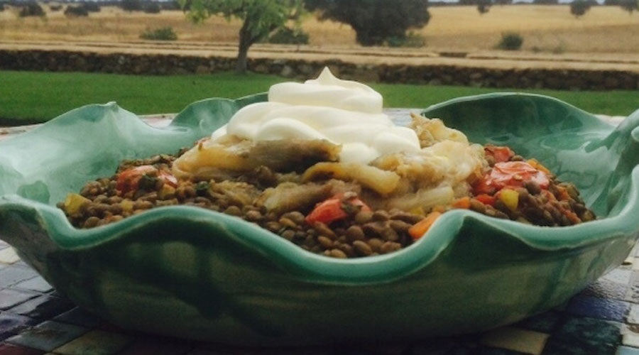 Ensalada de lentejas con berenjena asada