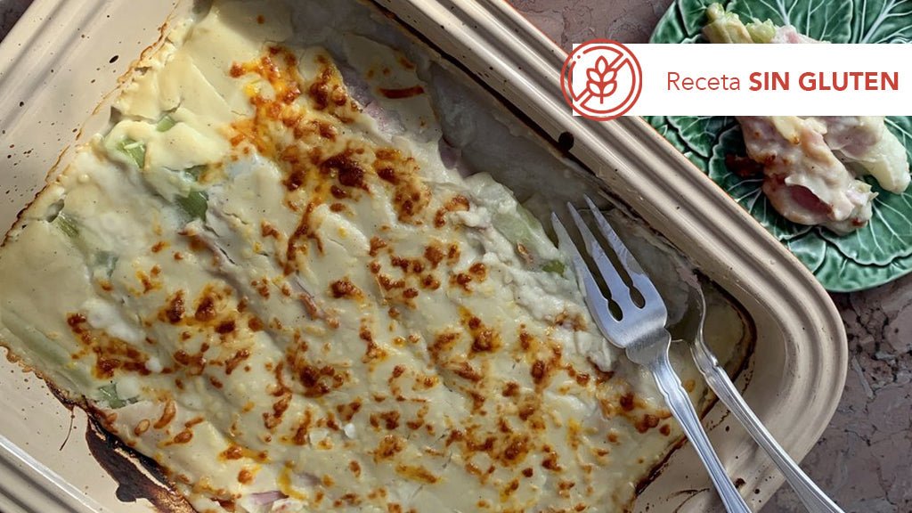 Puerros envueltos con Bechamel de  Coliflor al horno