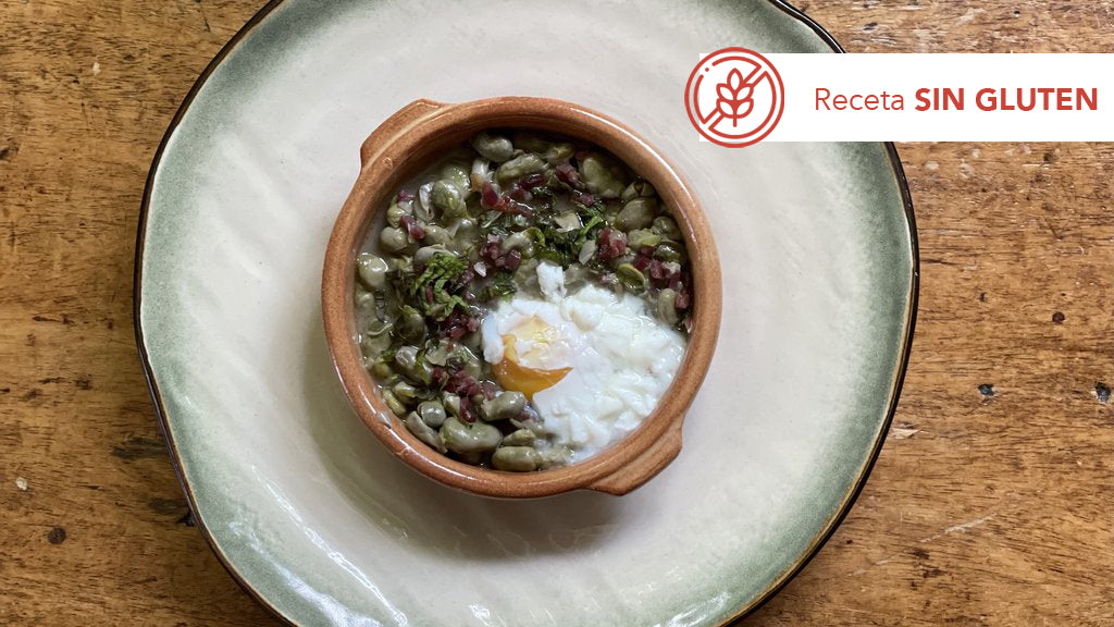 Habas con Paleta de jamón y Huevo Poché