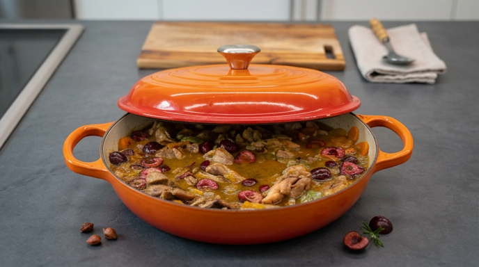 Pollo guisado con naranja, jengibre y cerezas